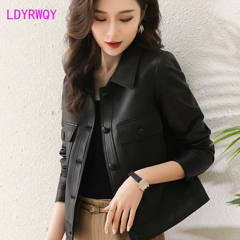 Polo Collar Leather Coat Women's 2023 New Leather Jacket Motorcycle Women's Short Coat