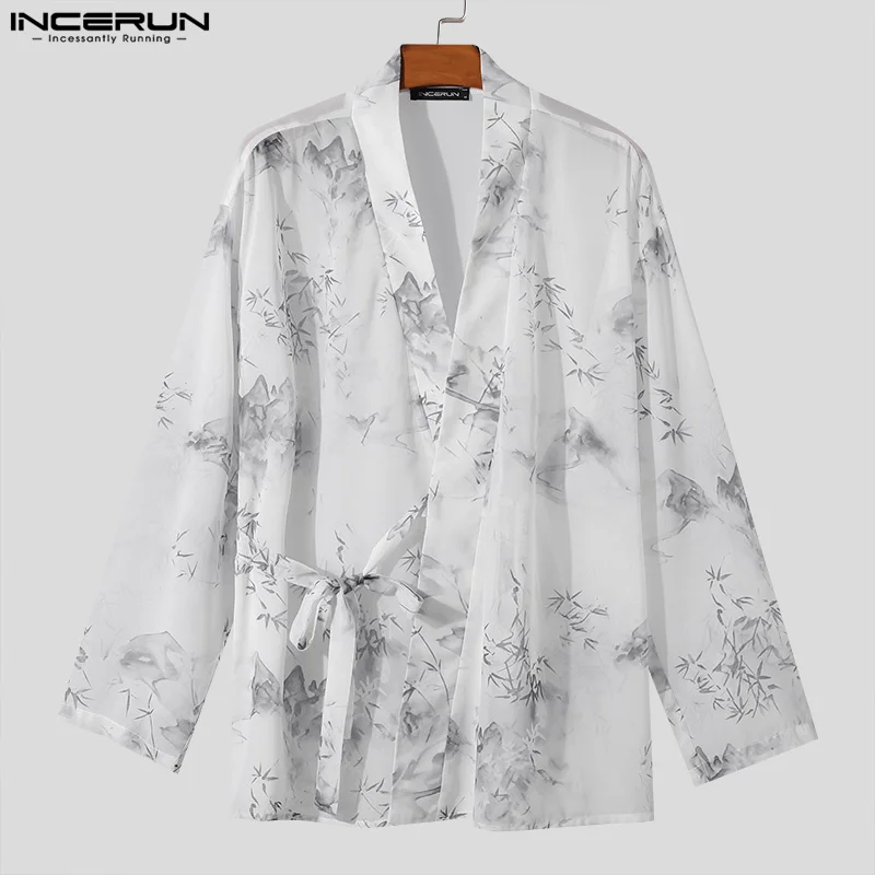 INCERUN Men Shirt Printing Lace Up V Neck Long Sleeve Loose Casual Men Clothing Streetwear 2024 Transparent Fashion Male Shirts