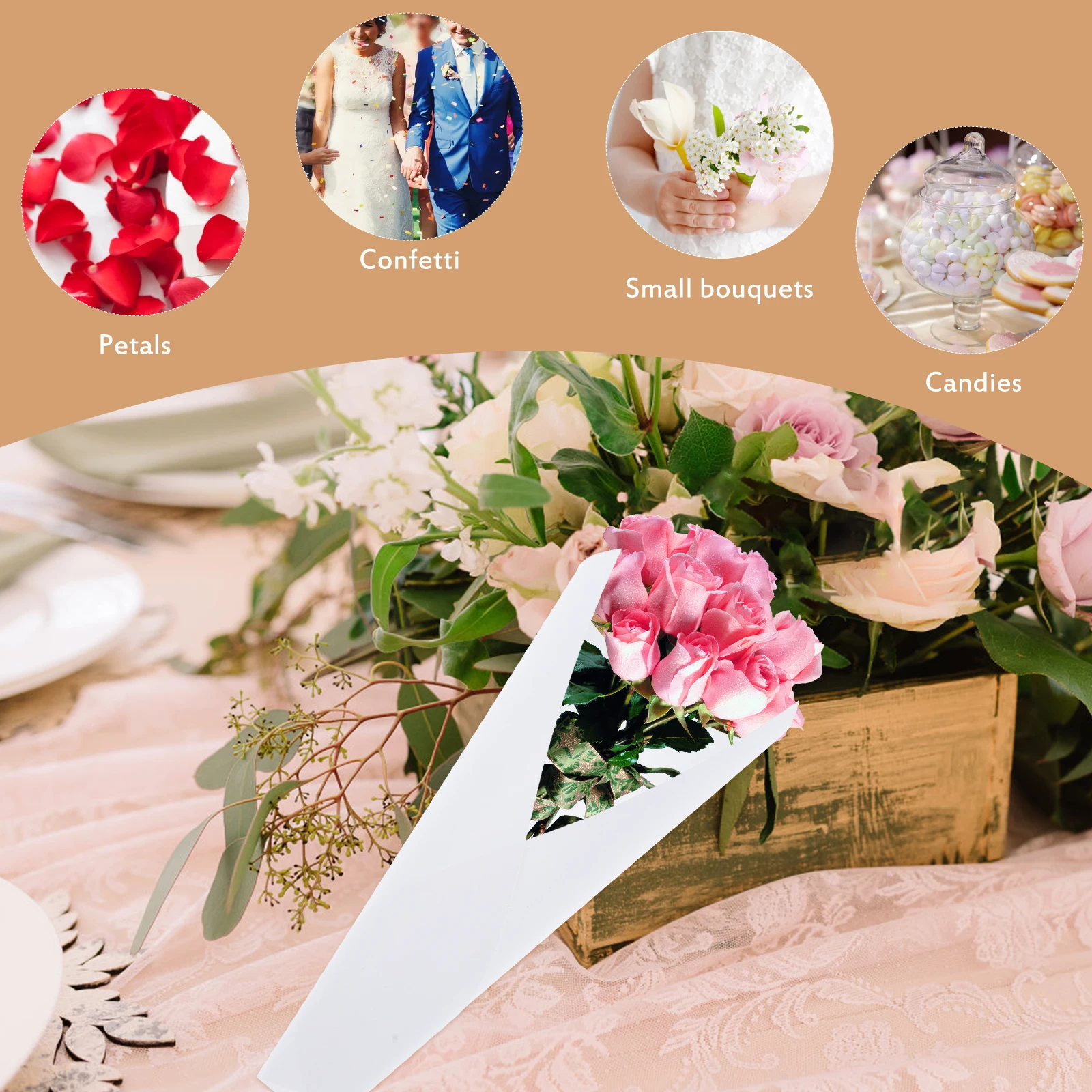 

50Pcs Wedding Confetti Petal Paper Cones Elegant Diy Drawing Kraft Paper Party Decorations