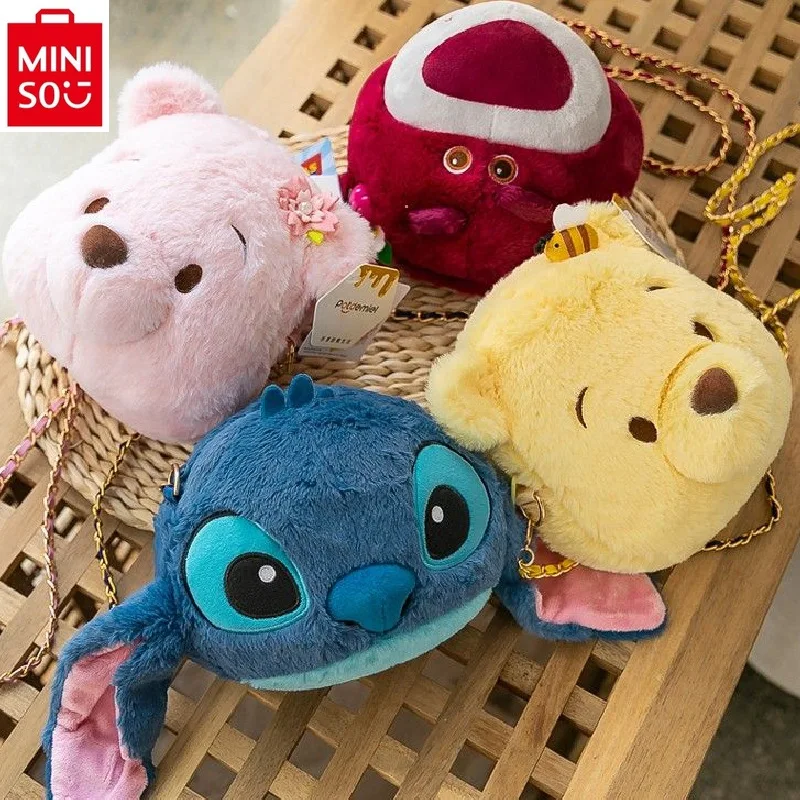 MINISO Disney Cartoon Strawberry Bear Winnie Bear Stitch Chain Bag Student Simple Sweet Cute Doll Crossbody Canvas Bag