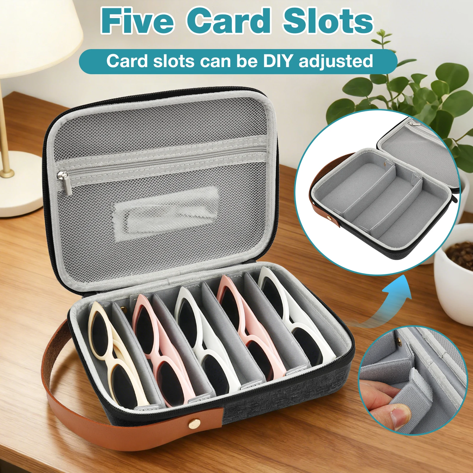 5 Compartment Adjustable Glasses Storage Box Portable Travel Sunglasses Organizer Case Eyeglasses Storage