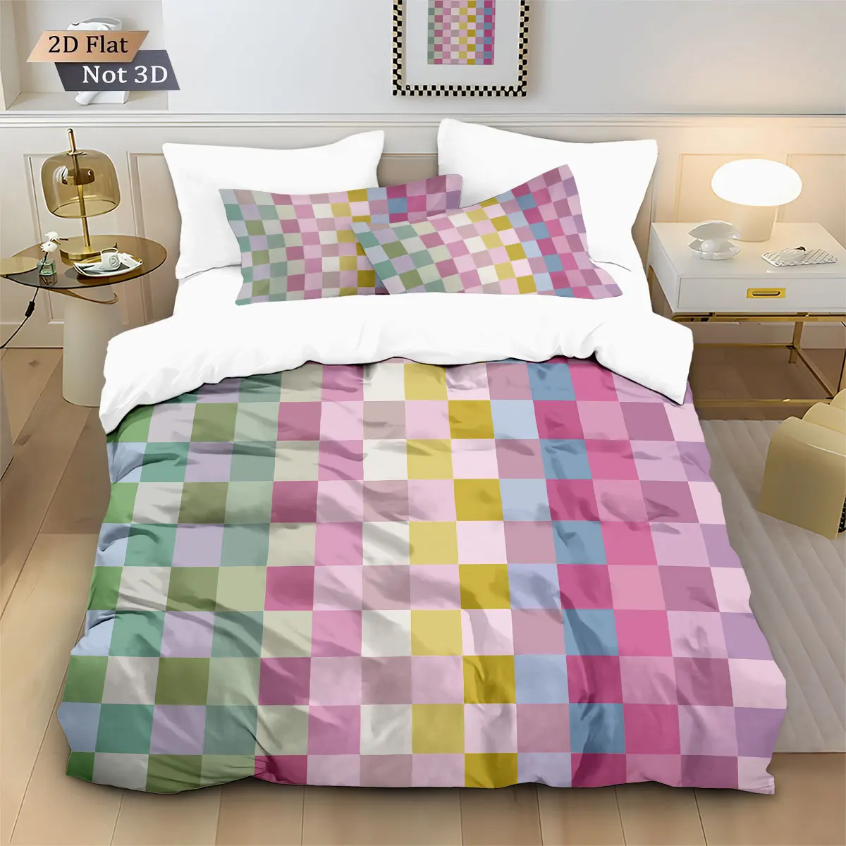 3pcs Contrasting Checkerboard Printed Coreless Down Duvet Cover Set, Multi Size Bedding Decoration, Machine Washable