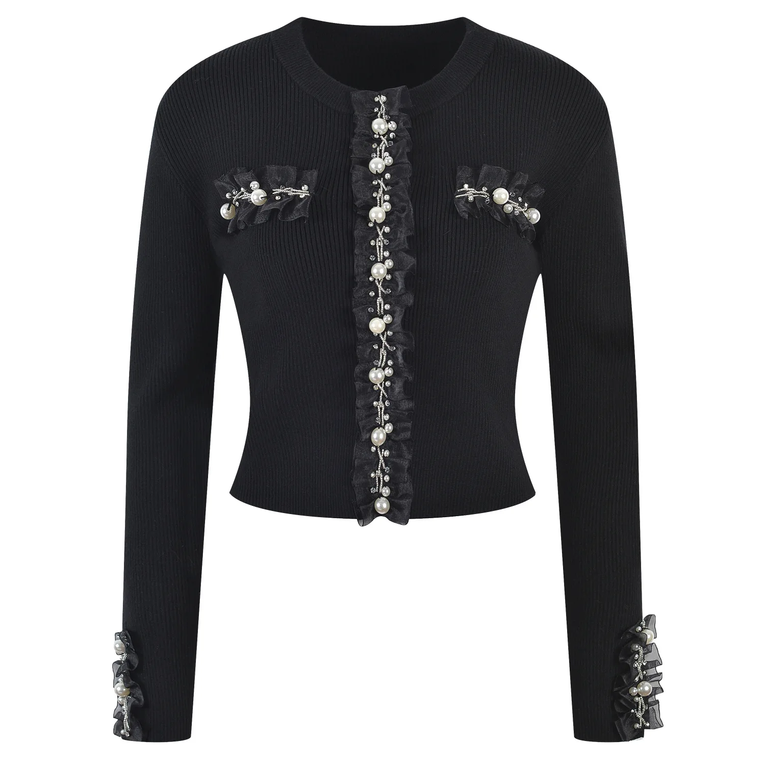 Pull en tricot avec chaîne cloutée de perles, coupe cintrée, col rond, manches longues, haut court noir, nouvelle collection automne hiver 2025