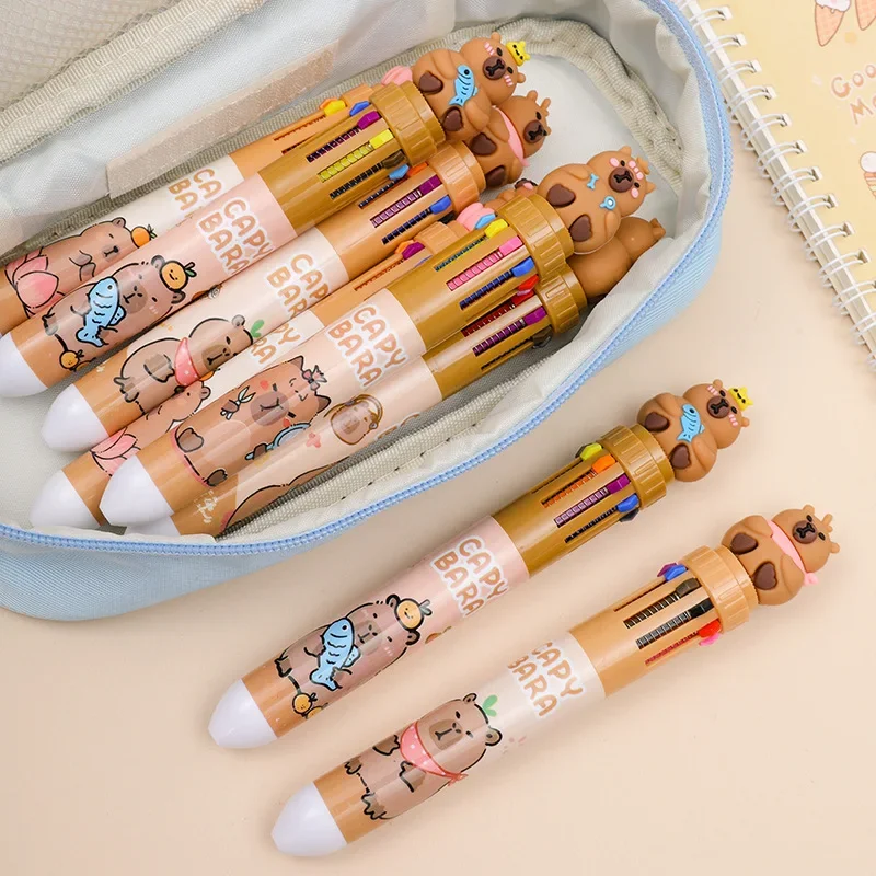 12Pcs Wholesale Creative Kapibara Ten-color Push Ballpoint Pen Cute Capybara Multi-color One Student Stationery Pen