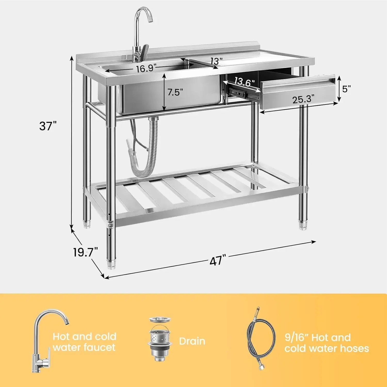 

[Hot Deal, Limited Time Offer!]Stainless Steel Utility Sink, 47.2'' Free Standing Single Bowl Kitchen Sink with Left Right, Cold