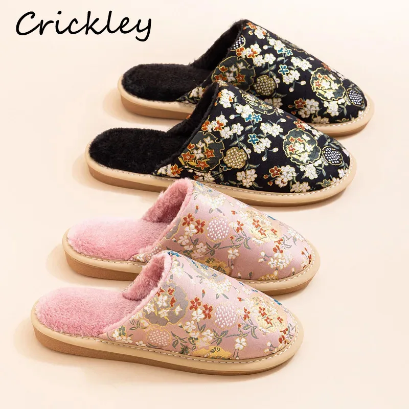 

Embroidery Flowers Chinese Style Women Man Slippers Winter Short Plush Female Slippers Soft Bottom Anti Slip Woman Indoor Shoes