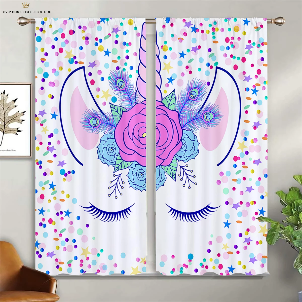 3D Cartoon Anime Unicorn Curtains, Rainbow Horse Curtains, 2 Panel, Kids Room, Boys, Girls Bedroom, Den, Study Room Decor