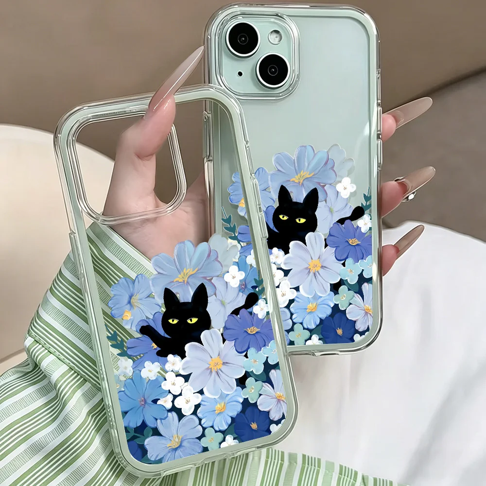 Blaue Blume Schwarze Katze Transparente Handyhülle für iPhone 17 13 16 15 11 12 14 Pro Max 17 Air XR X Hülle Silikon Weiche Stoßfeste Abdeckung – Detail 5