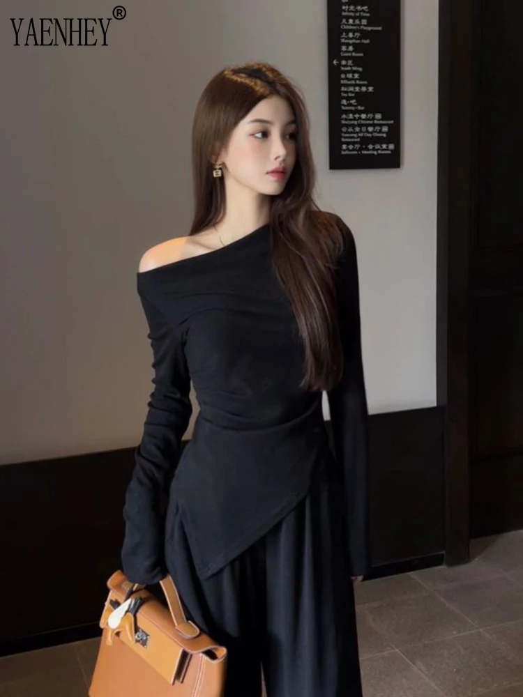 Irregular Solid Color Slash Neck Design Women Soft Tee + High Waist Suit Thin Wide Legs Pure Wind Spice Girl Two Piece Set Women