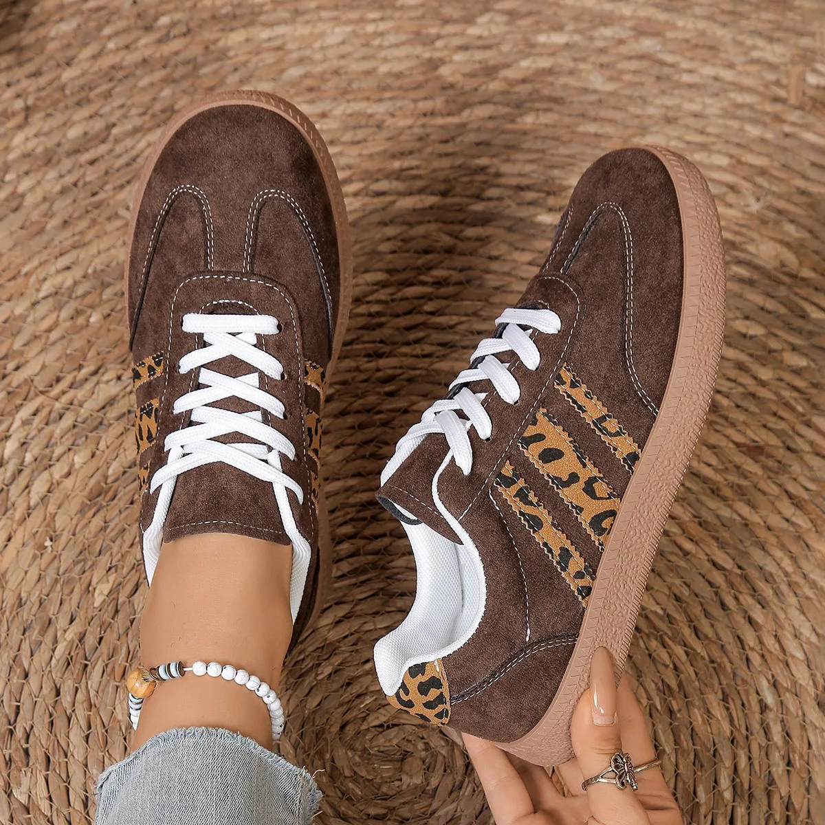 Retro German Training Shoes Women New Lace-up Color Matching Round Head Leopard Print Large Size Flat Bottom Casual Board Shoes
