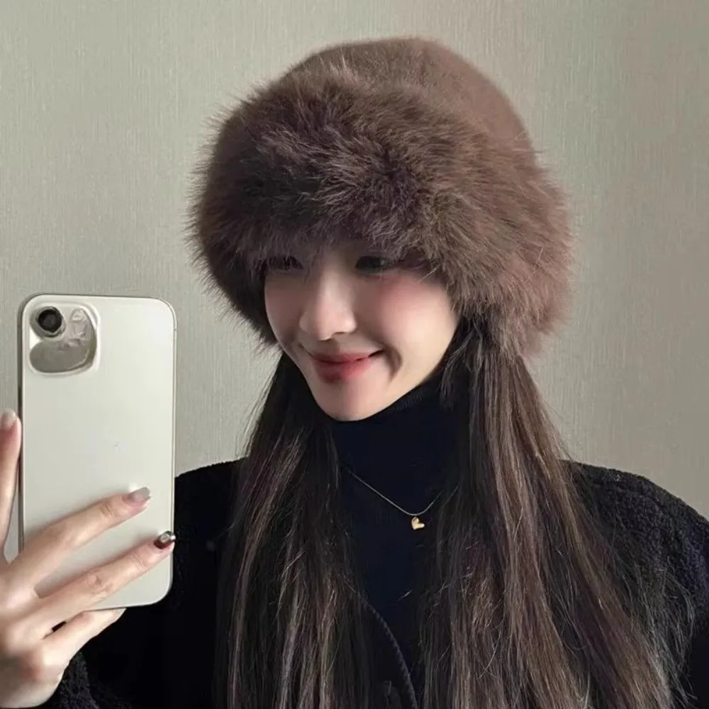 Fashion Headwear Fluffy Fur Winter Hat Plush Solid Color Bucket Hat Thicken Cold Windproof Berets for Women Girls Ski Cap1pc view 2