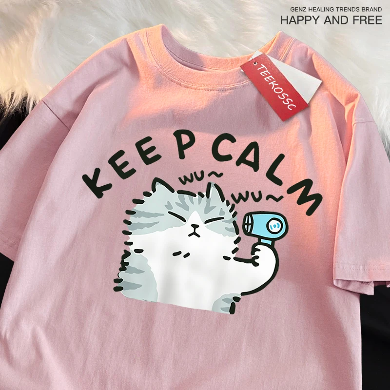 متعة القط باستخدام مجفف الشعر النمط الياباني تي شيرت الرجال لطيف جودة تي شيرت أزياء الملابس القطنية الكرتون فضفاضة قصيرة الأكمام