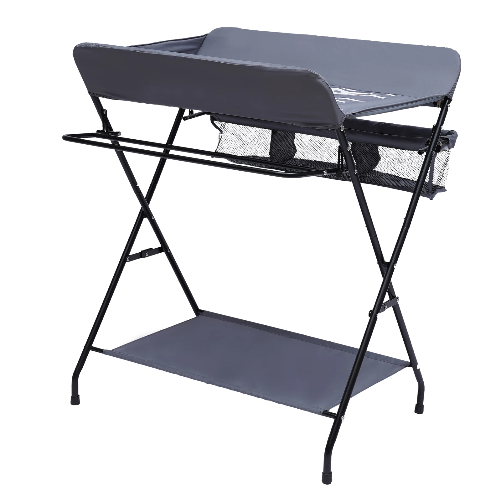 Station à couches, table à langer, station à couches horizontale pour bébé, organisateur pliable, structure en fer robuste, imprimé dessin animé, tissu Oxford, imperméable, résistant aux déchirures, unité à langer pour nourrisson, hauteur réglable, facile à nettoyer, gris foncé
