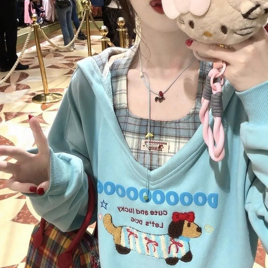 الخريف الشتاء رقيقة نقية الحلو نمط المرقعة منقوشة الخامس الرقبة حجم صغير تنوعا البلوز معلقة الرقبة ملابس داخلية قطعتين...