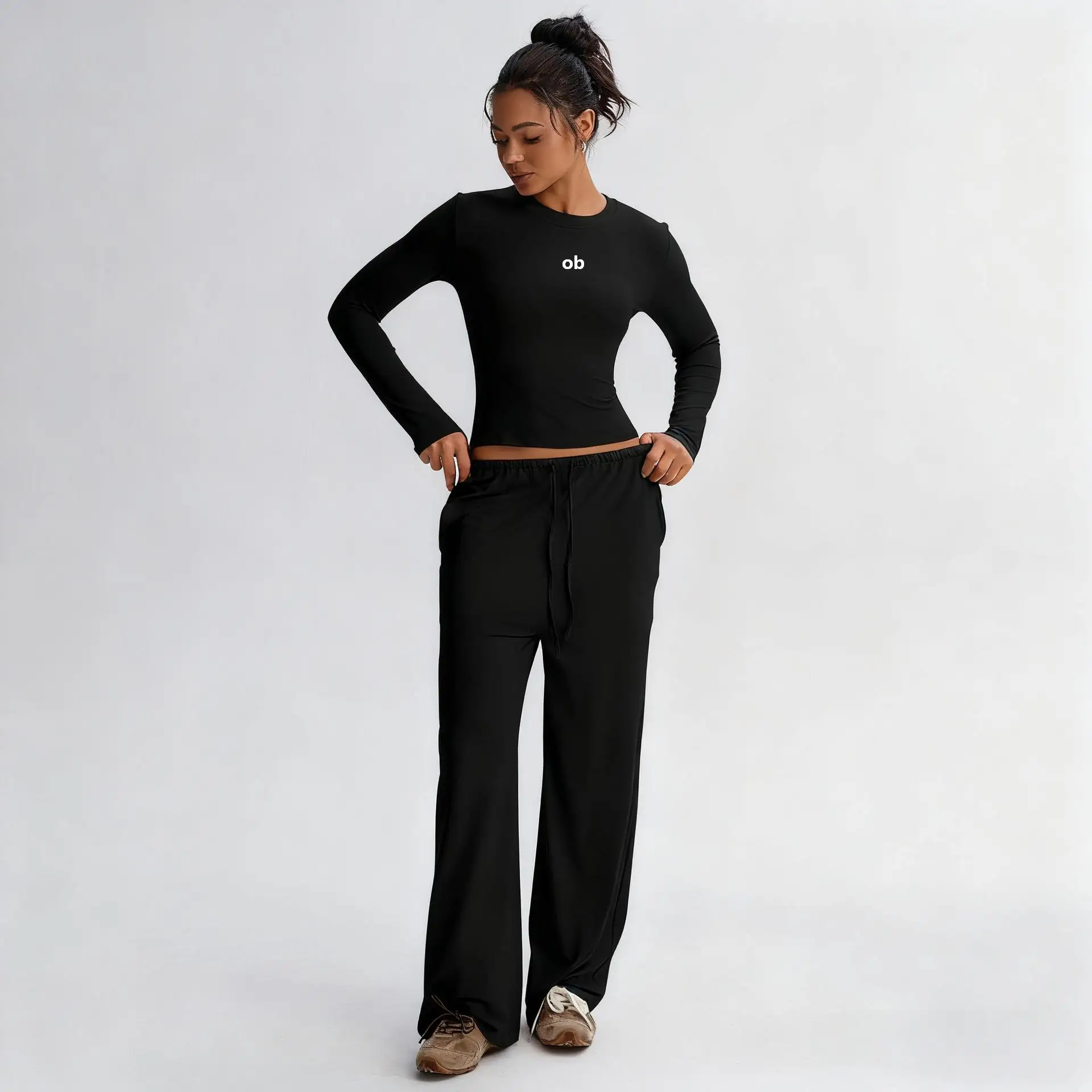 2027 New Clothing - Solid Color Casual Long-Sleeved Set - High-Waisted Wide-Fitting Pants - Sports Yoga Set - Fitness Set