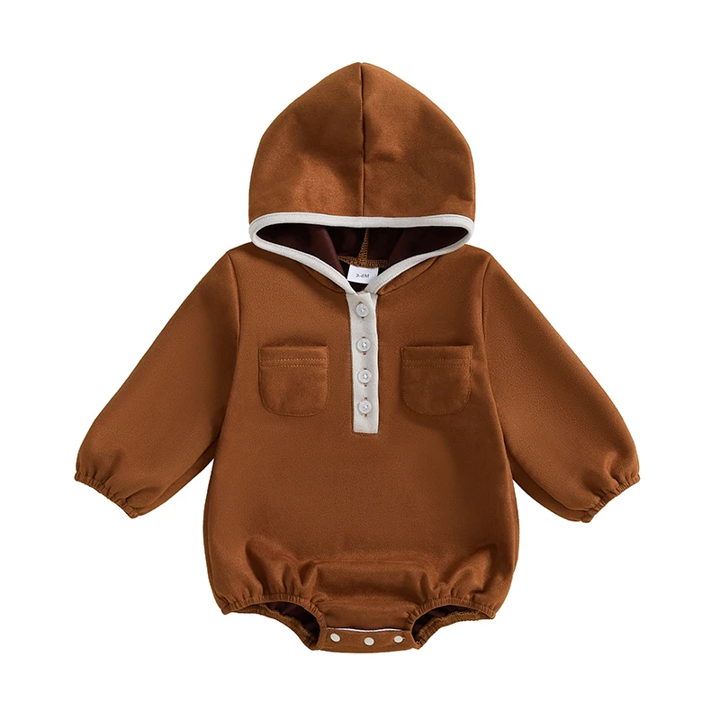 Baby Boy Hood Romper Contrast Color Long Sleeve Button Front Pockets Bubble Jumpsuit