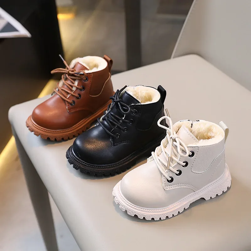 New Children's Fashion Boots Winter Thickened Boys Girls' Anti Slip Warm Leather Boots Side Zipper Solid Color Kids Casual Shoes