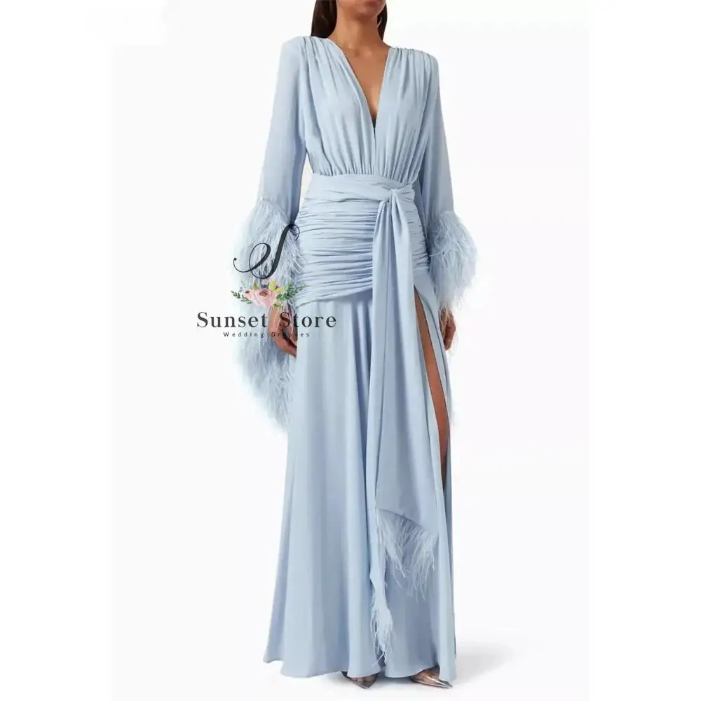 Customized Evening Dress V-Neck Feather Long Sleeves Elegant Evening Gowns Cascading Chiffon Ruffle Party Dresses image 5
