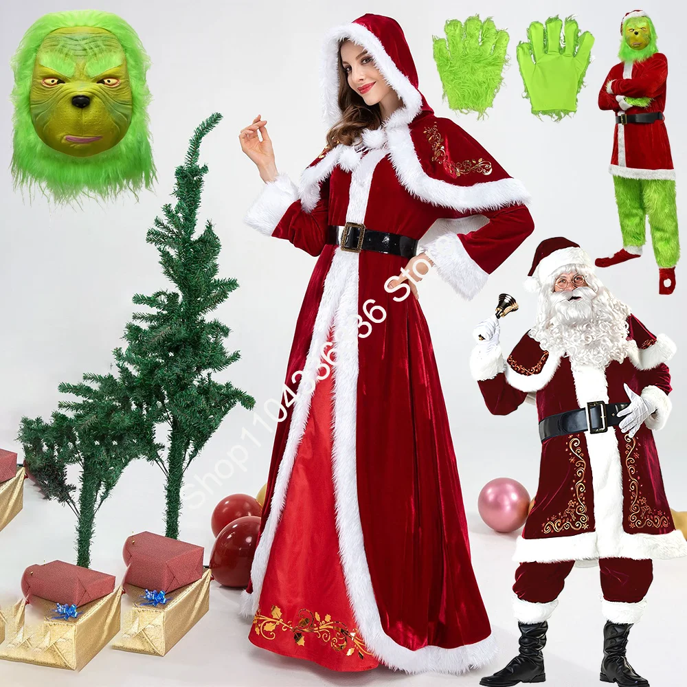 

Делюкс Классический Миссис Клаус Рождественский Косплей Костюм Рождественский Санта-Клаус Женское Красное Платье Королева Карнавальная Вечеринка Санта-Горка Зеленый Волосатый