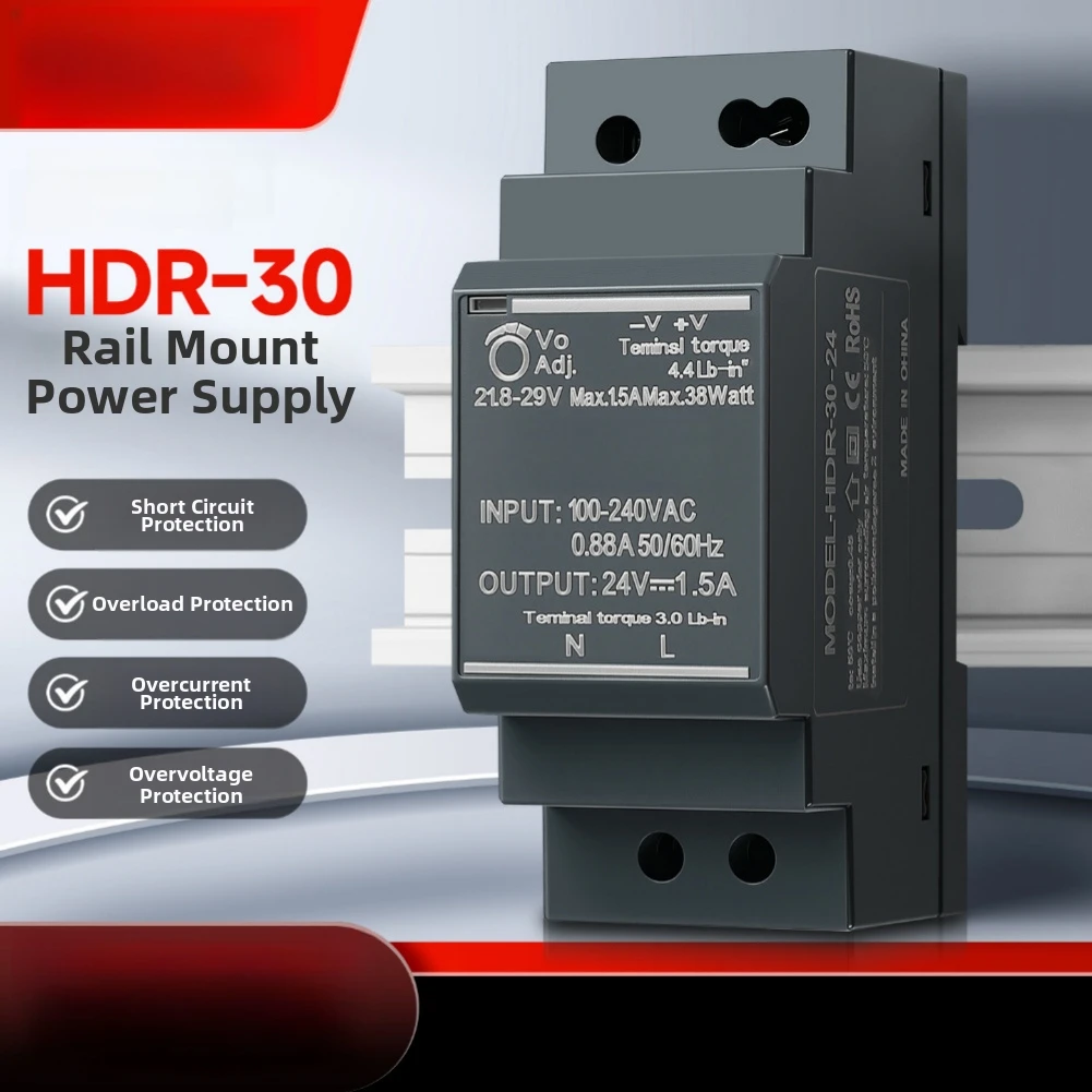 Industrial Grade 30W Rail Mounted Power Supply 12V 2.5A or 24V 1.25A Output for Enclosures Control Cabinets and Relay Modules