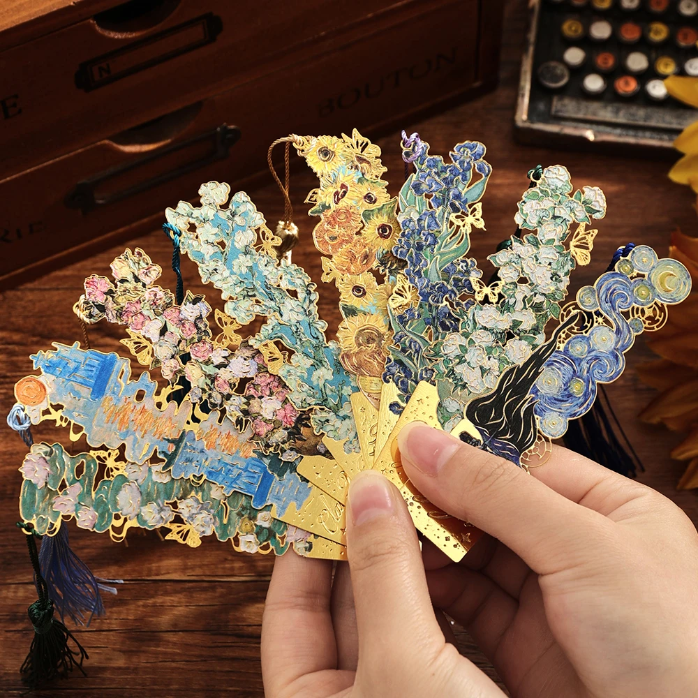 8 pcs Vintage Painting Metal Bookmark Hollow Long Tassel Bookmark Students Reading Tool Book Holder Stationery Supplies  view 3