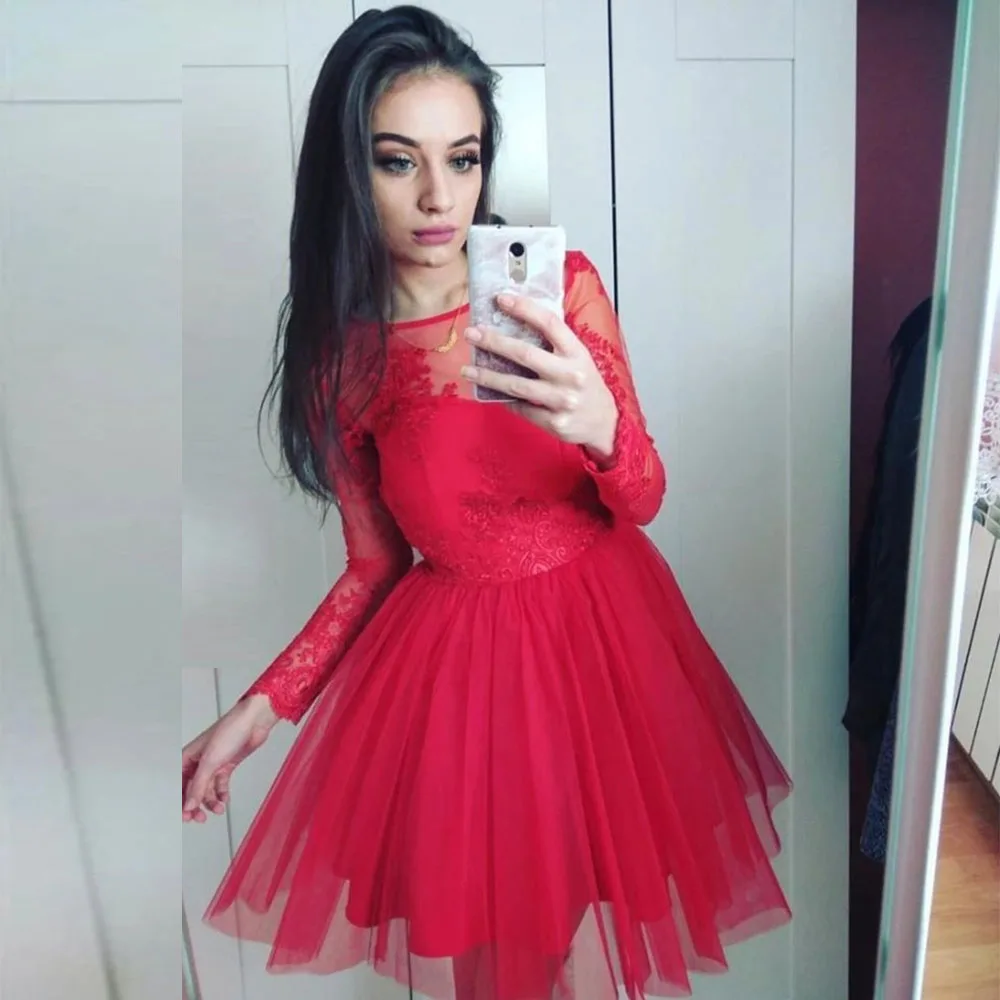 

Angelsbridep Sexy Illusion Red Lace Homecoming Dress Full Sleeves Sheer Neck Mini Short Graduation Party Dresses for Girl Junior