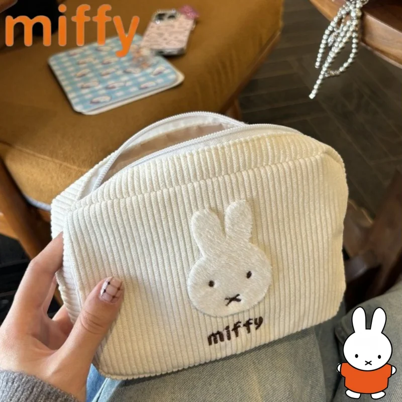 Cute Miffy Rabbit Sweet Creative Cartoon Pattern Simple Fashion Large Capacity Storage Handheld Portable Corduroy Makeup Bag