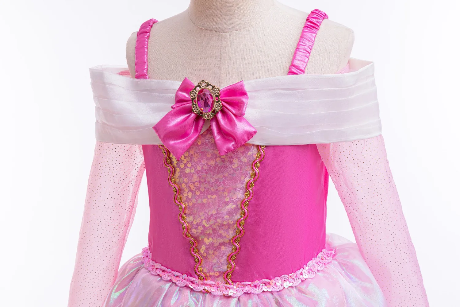 Girls Pink Off Shoulder Princess Dress Aurora Costume Bow With Ruby Inlaid Ball Gown Halloween Sleeping Beauty Role Play Apparel view 4