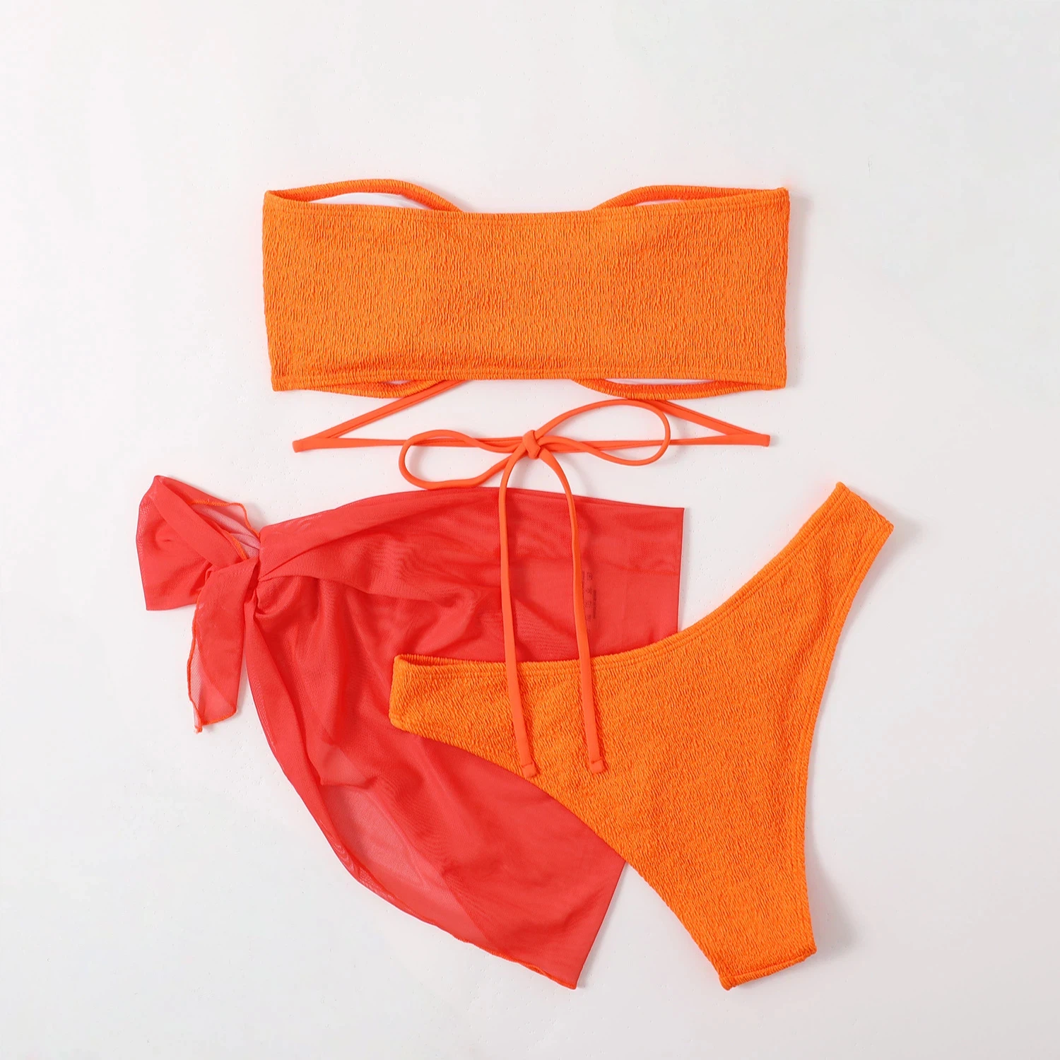 Bikini-Set für Damen, Orange, Bandeau, Schleife, Netzstoff, Überzug, 3-teilig, 2025, Sommer, sexy Strand-Badeanzug
