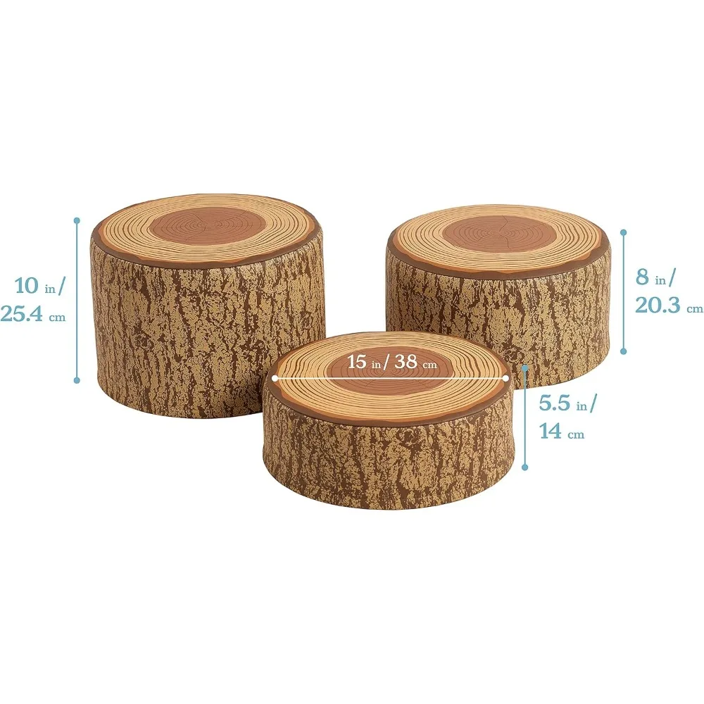 Juego de taburetes SoftZone Tree Stump, asientos flexibles, chocolate, 3 piezas