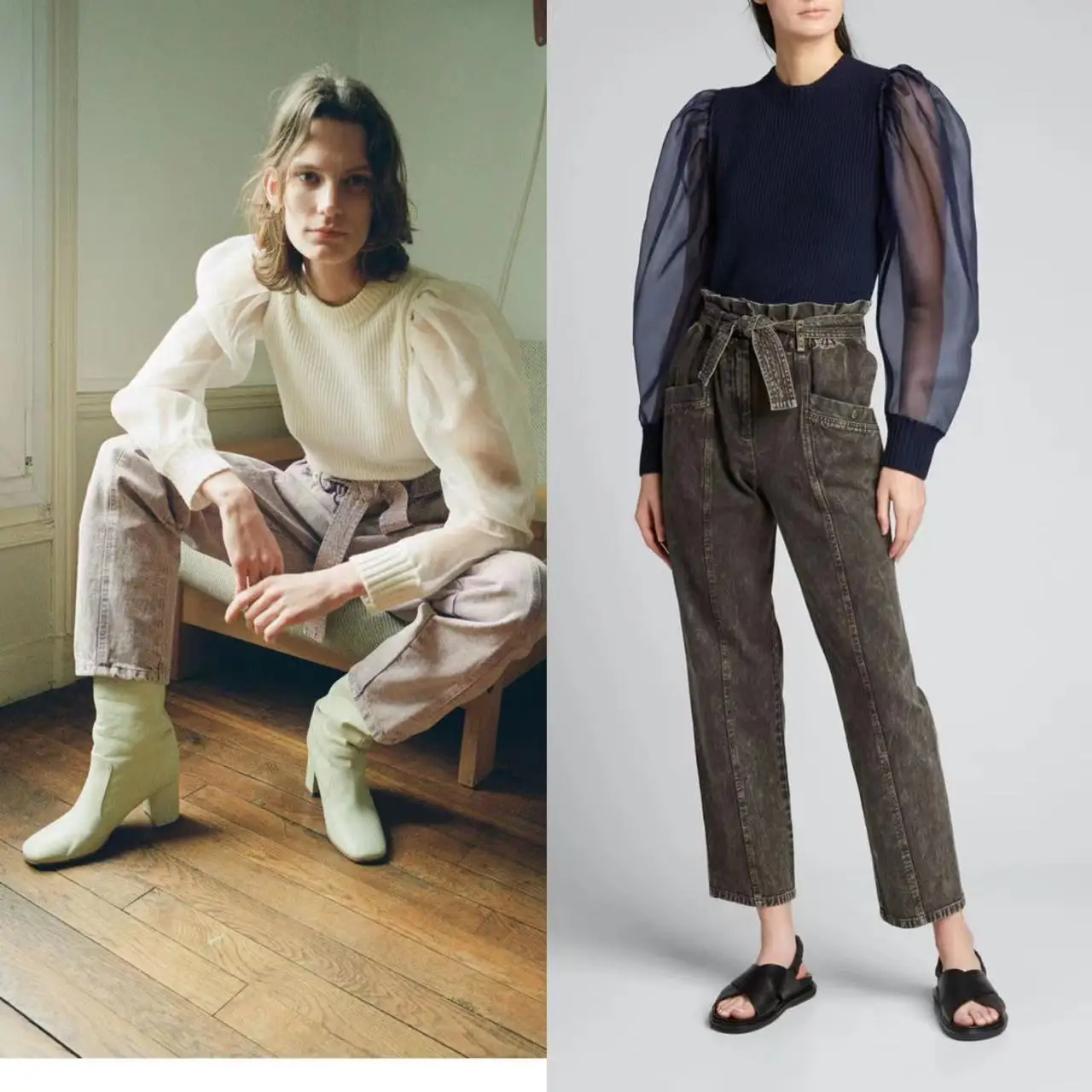 

American Sle round Ne Knitwear Elely Spliced Ogees Bubble Sve Women's Faion Light Luxury Early Autumn New Arrival