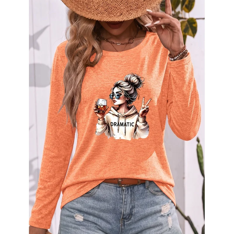 Printed Crewneck Long Sleeve T Shirt For Women Fashion Bun Hairstyle Girl With Glasses Raising Toast Victory Gesture Soft Comfor