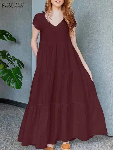 Imagen 2 del producto ZANZEA-Vestido largo de verano para mujer, vestido bohemio para vacaciones, vestido veraniego de manga corta con cuello de pico, informal, holgado, con volantes, 2024