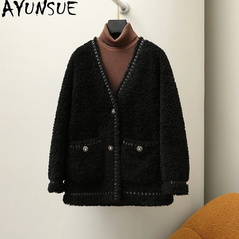 

AYUNSUE 100% шерстяные пальто для женской одежды средней длины с v-образным вырезом, женские зимние куртки из натурального меха ягненка, женские Ropa Para Mujer