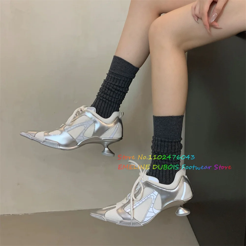 

Silver Lace Up Pointed High Heels for Women 2025 New Irregular Heel Height Increasing Breathable Mesh Sports Single Shoes