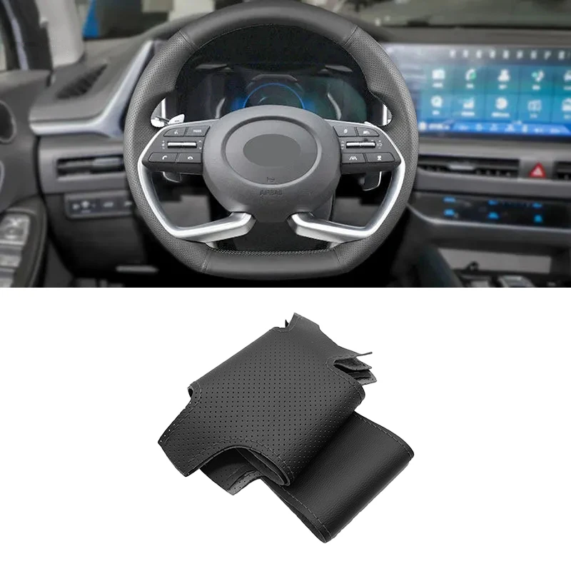 

Black Hand Braid Perforated Leather Car-styling Interior Steering Wheel Cover Trim For Hyundai Elantra 7th 2021 Sonata 10th 2020