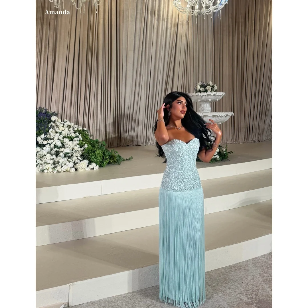 

Amanda Customized Light Blue Formal Evening Dress Prom Dress Strapless Sweetheart Beaded Bodice Tassel Fringe Vestidos De Noche
