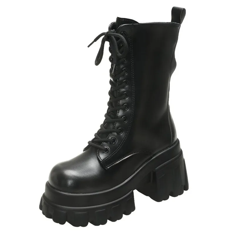 

Женские ботильоны на массивной платформе 9 см, новинка 2023 года, осенне-зимние мотоциклетные ботинки, женские нескользящие кожаные армейские ботинки на толстой подошве
