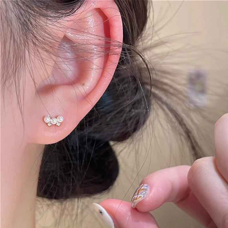 

925 Sterling Silver Korean Version Geometric Exquisite Pearl Stud Earring for Women Fine Jewelry High Luxury Vintage Accessories