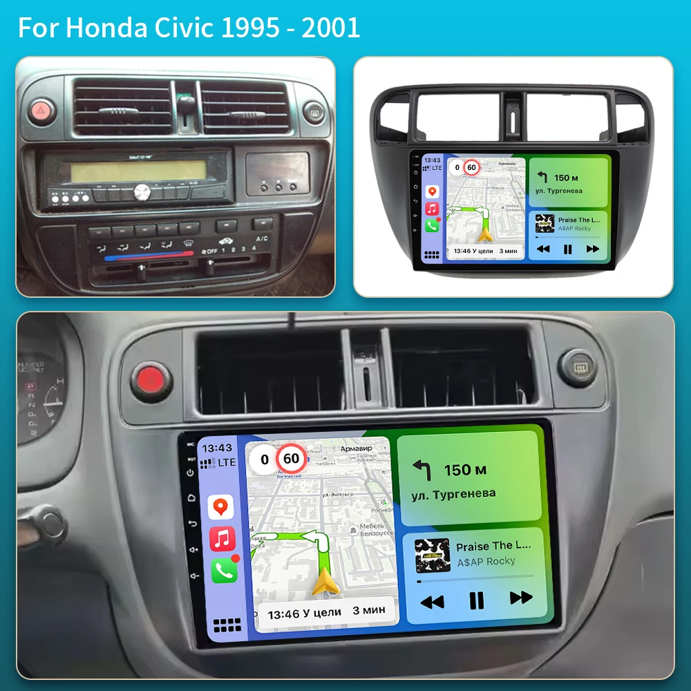 Android 16 Carplay Auto Multimedia Radio Player for Honda Civic 1996-2001 5G Stereo 2 Din Touch Screen with Tape Recor