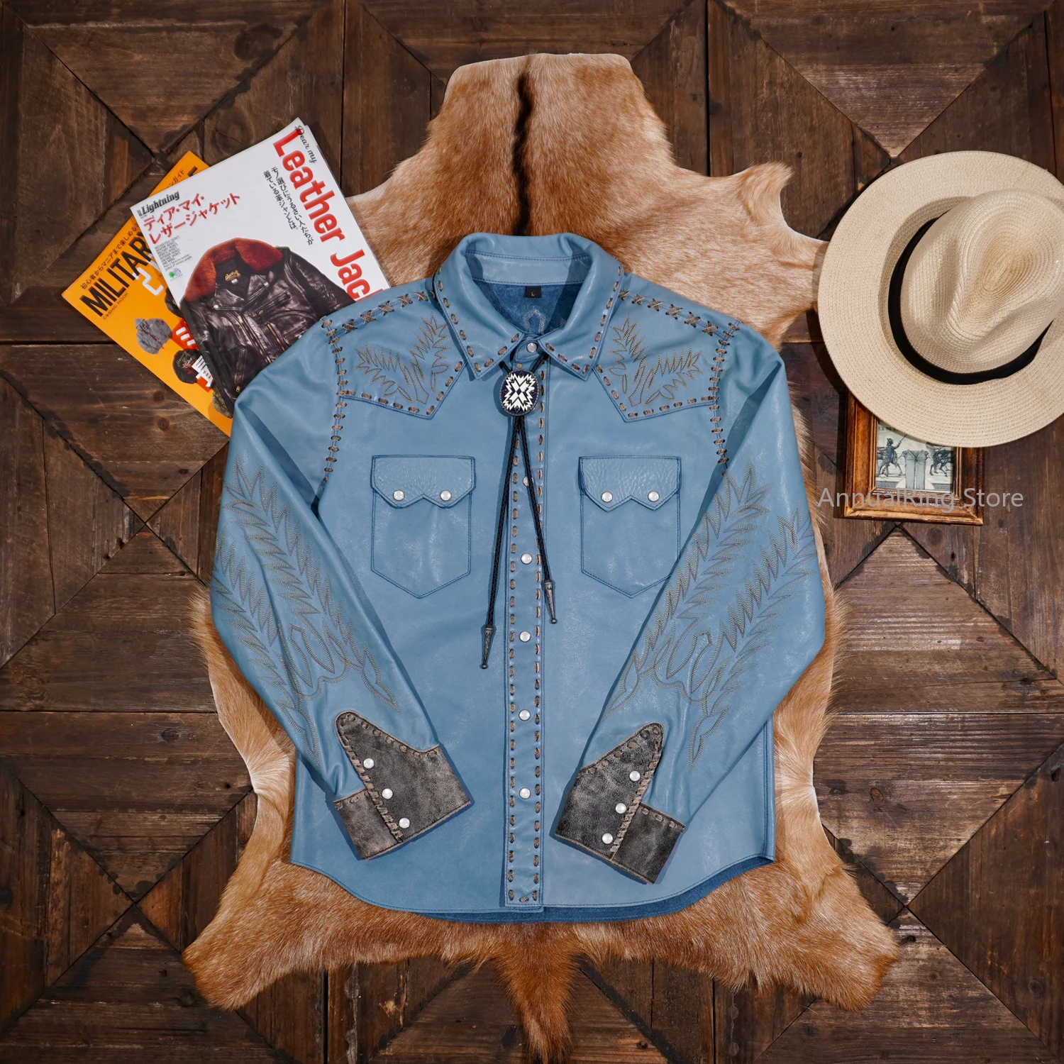 

Embroidered Woven American Western Denim Calfskin Shirt AmeKaji Genuine Leather Shirt