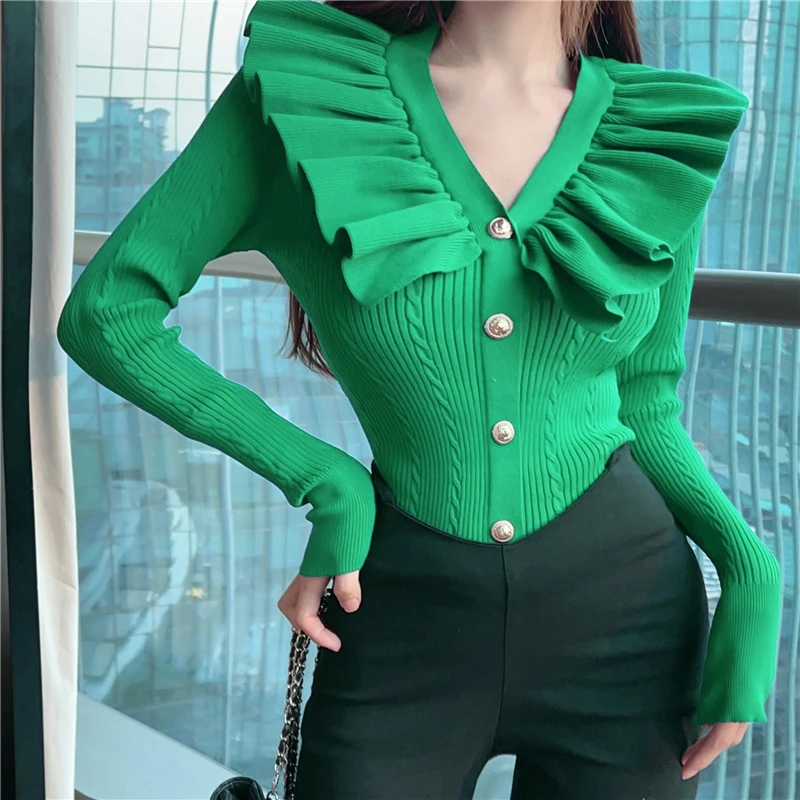 Ruffles V Neck Sweater Cardigan Women Full Sleeve High Stretch Knit Sweaters Shirts For Slim Girls Autumn Winter