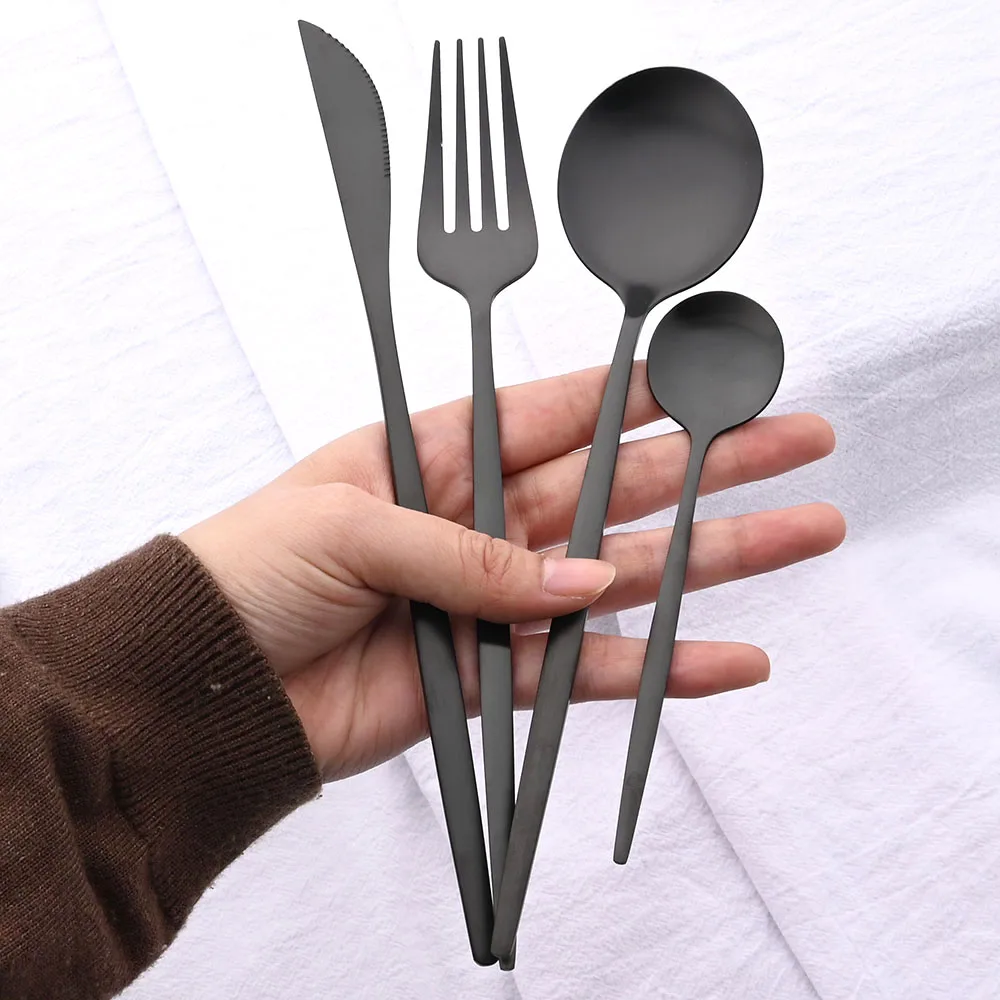 Matte Black Stainless Steel Cutlery Set Knife Fork Soup Dessert Coffee Ice Spoon Complete Dinner Tableware Solid Dinnerware Set