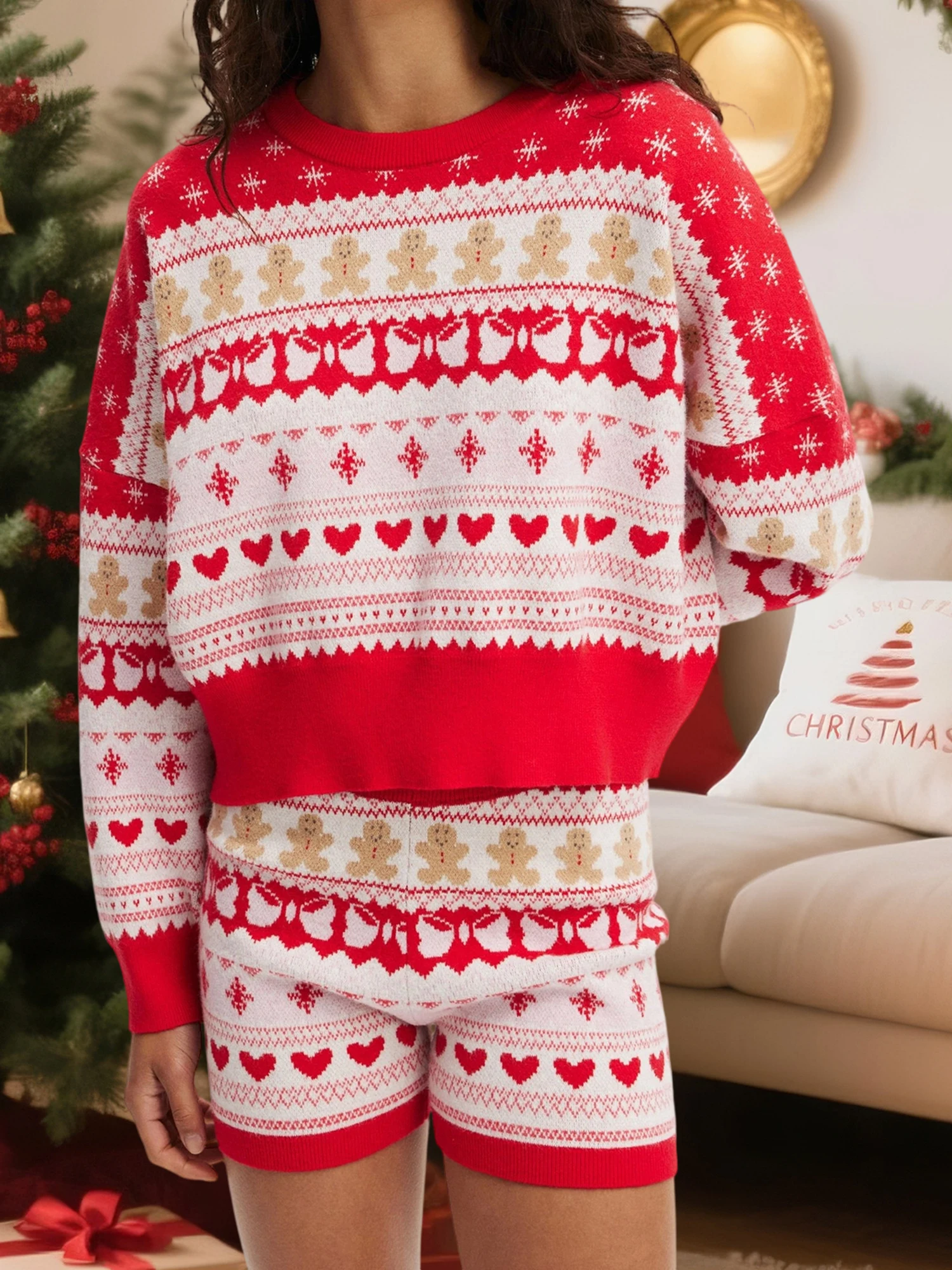 

Женский рождественский наряд, свитер с длинными рукавами и круглым вырезом с принтом Санта-Клауса и плиссированной юбкой с высокой талией, праздничный костюм