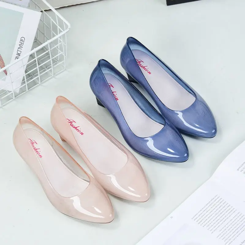 FHANCHU 2023 New Women Pumps,Soft PVC High Heels,Kitchen Crystal Work Shoes,Slip On,Pointed Toe,Black,Blue,Pink,Khaki,Dropship