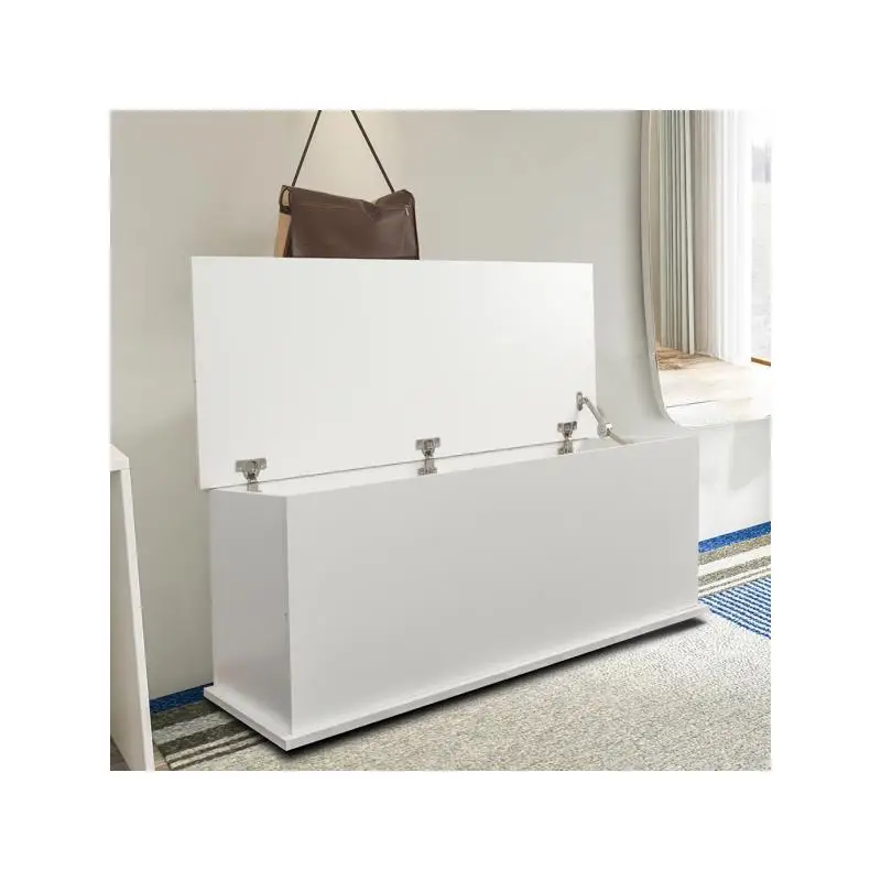 

White Lift Top Wood Storage Trunk - Stylish Entryway Bench Organizer for Home Furniture