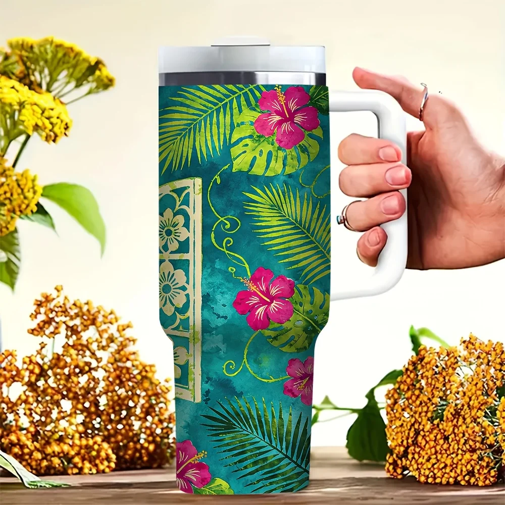 40oz Tumbler with Handle, Cute Teddy Bear Tropical Flower Print Water Cup, Suitable for All Ages, Ideal for Outdoor Travel And Daily Use, Perfect for Both Hot And Cold Drinks