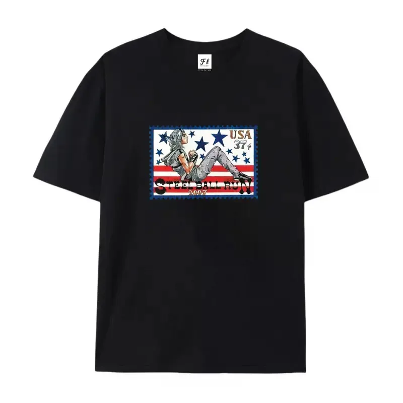 Johnny Joestar JJBA Steel Ball Run USA Stamp Graphic T-shirt, Unisex Cotton Short Sleeve Casual Anime Tee