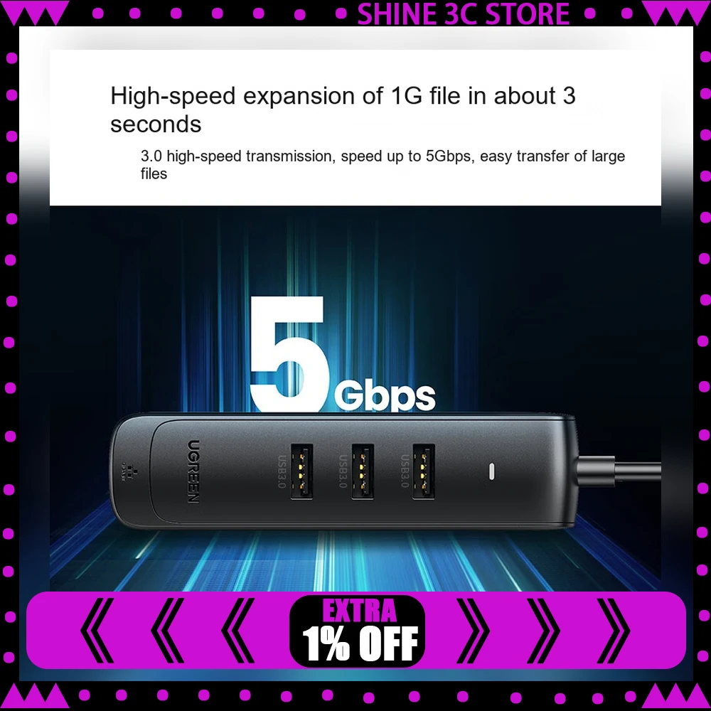 UGREEN 50624 CM530 USB 3.0 Hub with Gigabit Ethernet Adapter 3-Port USB Splitter RJ45 Wired Network Adapter Black
