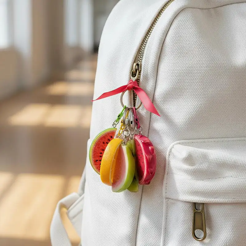 Summer Cute Fruit Slice Keychain 1PCS Resin Metal Simulation Hanging Ornament for Purse Decor Daily Use Gift